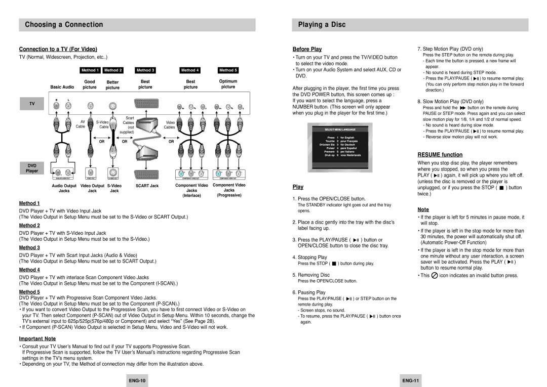 Samsung DVD-P145/XEH, DVD-P145/XEL, DVD-P145/FOU Playing a Disc, Connection to a TV For Video, Before Play, Resume function 