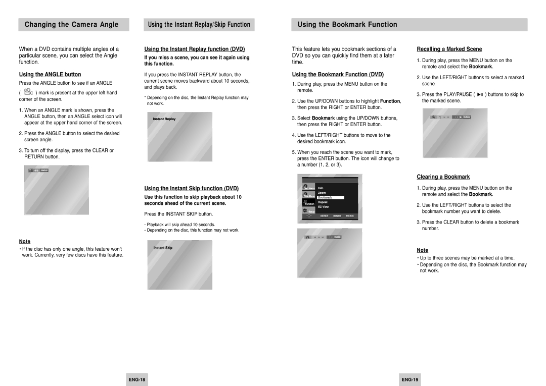 Samsung DVD-P145/XEL manual Changing the Camera Angle, Using the Instant Replay/Skip Function, Using the Bookmark Function 
