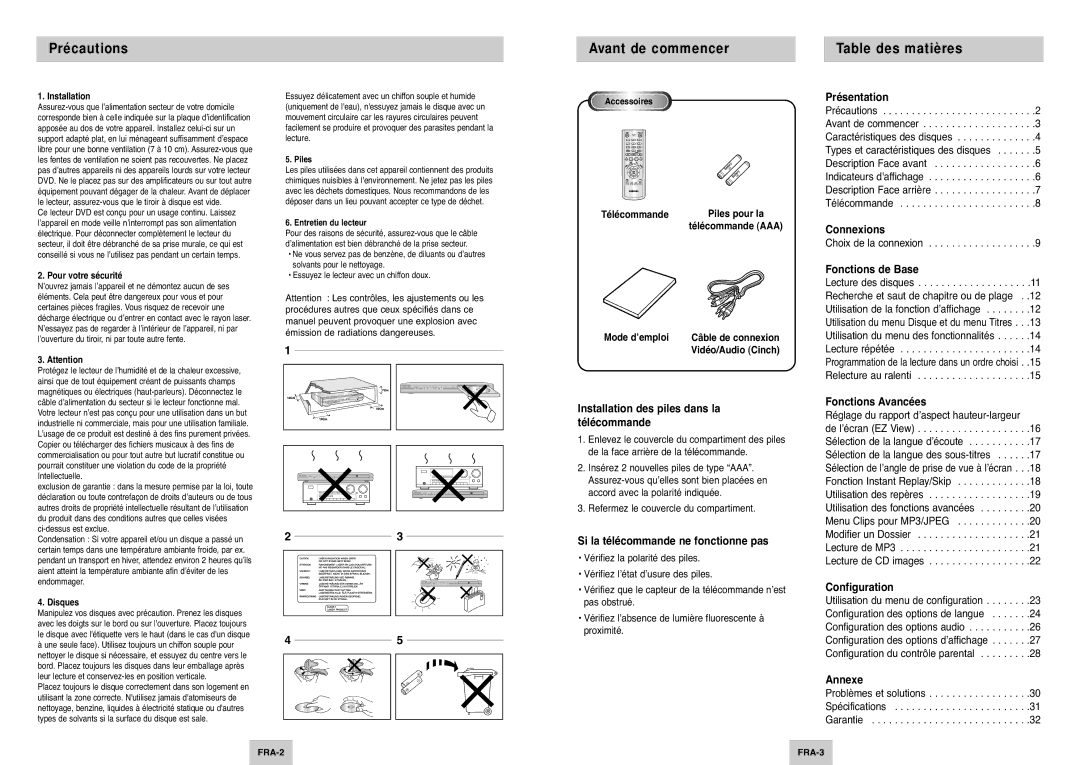 Samsung DVD-P145/XEL manual Précautions, Avant de commencer, Table des matières 