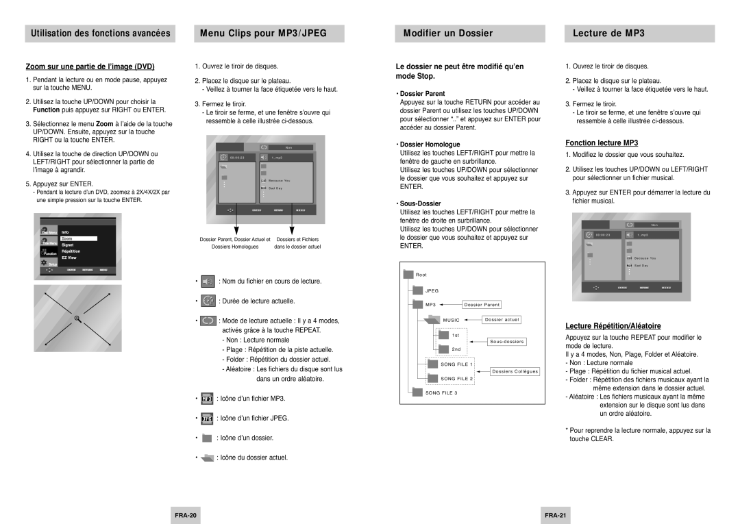 Samsung DVD-P145/XEL manual Menu Clips pour MP3/JPEG Modifier un Dossier Lecture de MP3 