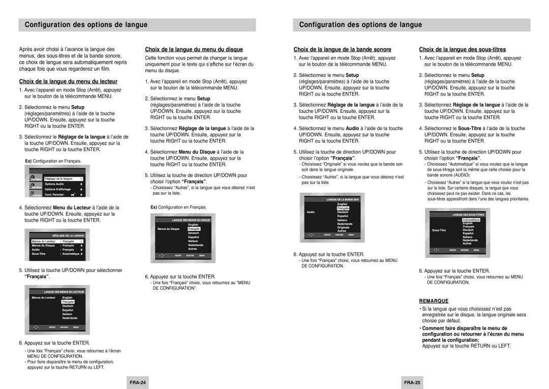 Samsung DVD-P145/XEL manual Configuration des options de langue, Choix de la langue du menu du lecteur 