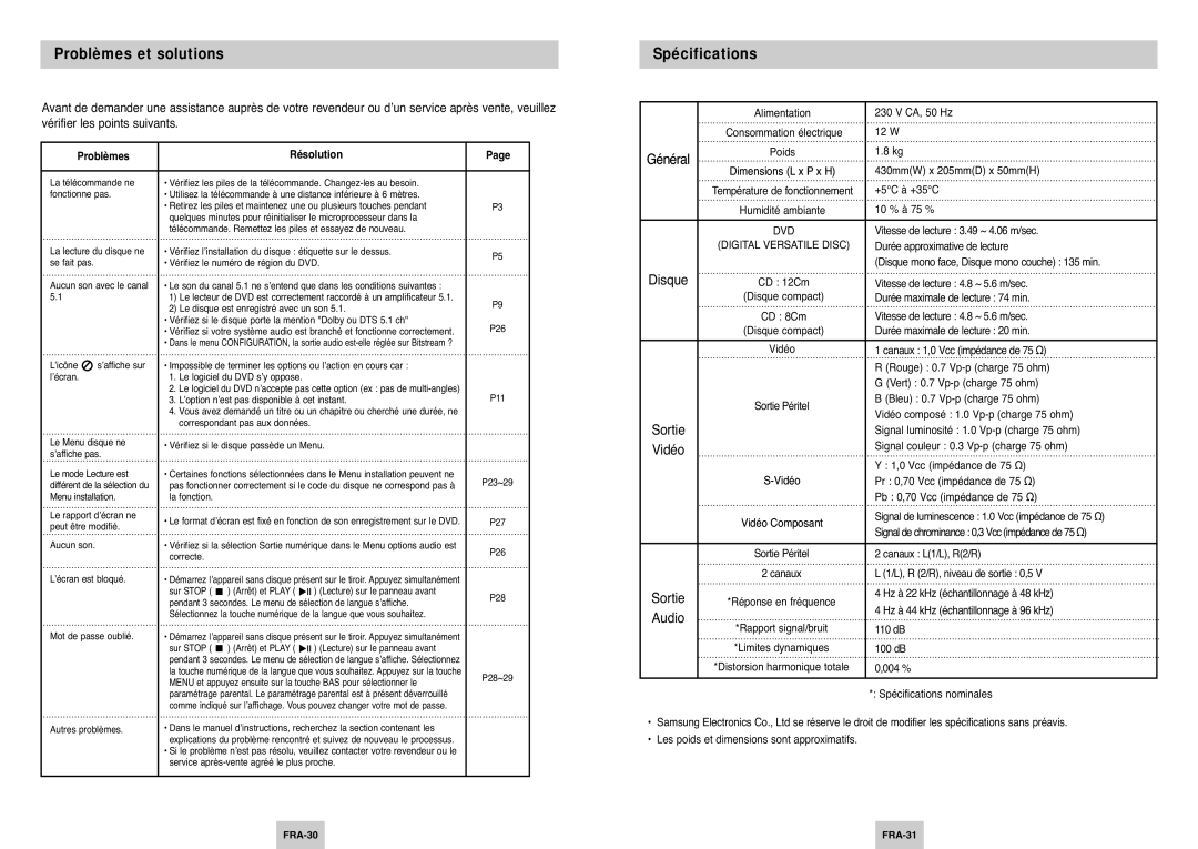 Samsung DVD-P145/XEL manual Problèmes et solutions, Spécifications, Problèmes Résolution 