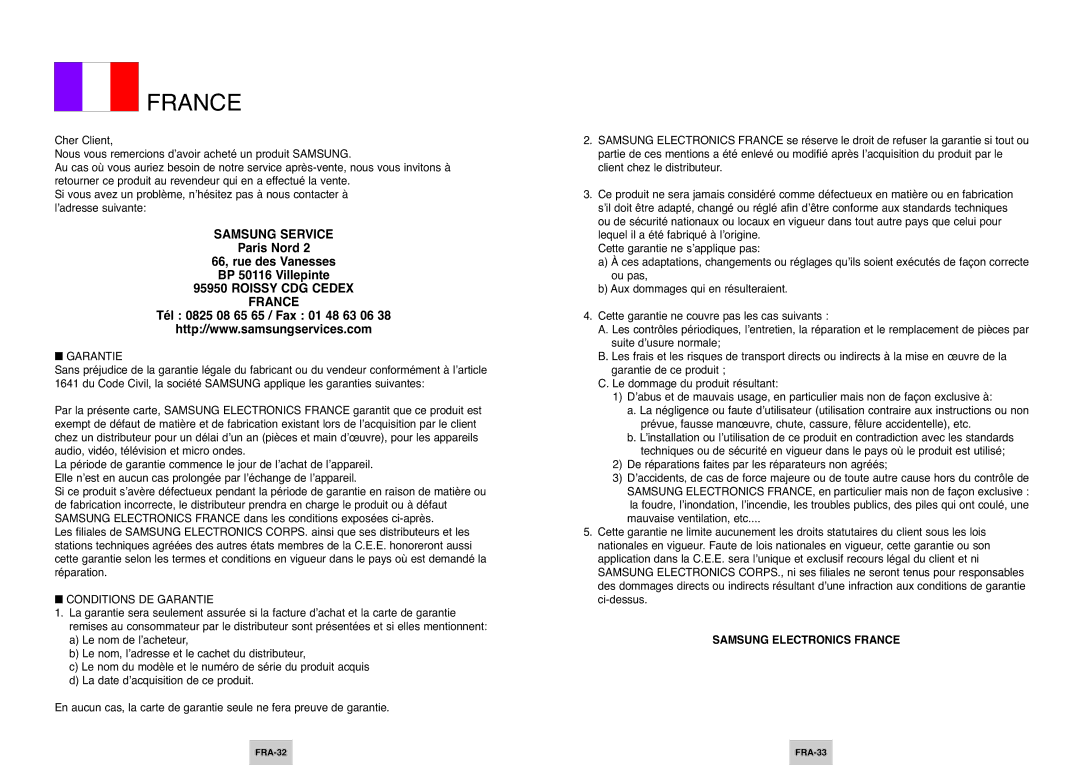 Samsung DVD-P145/XEL manual France, FRA-32 FRA-33 