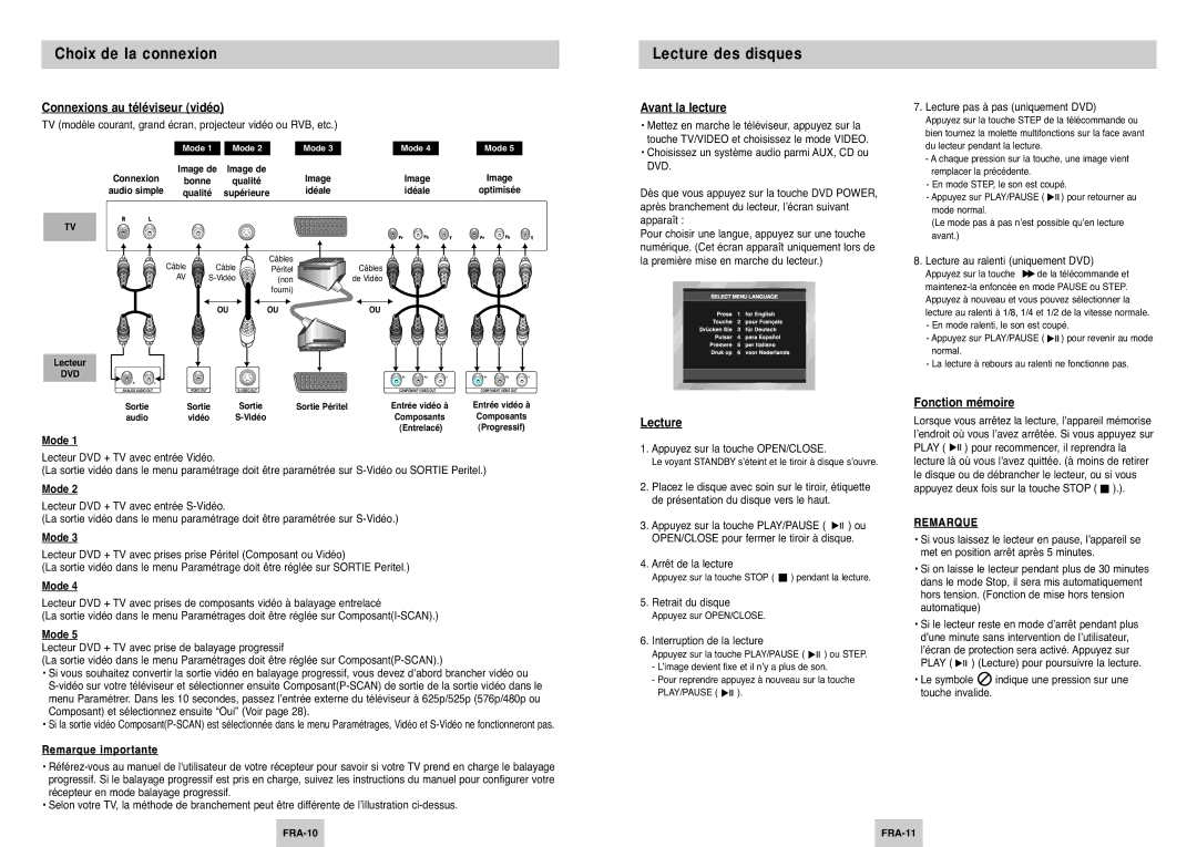 Samsung DVD-P145/XEL manual Lecture des disques, Connexions au téléviseur vidéo, Avant la lecture, Fonction mémoire 