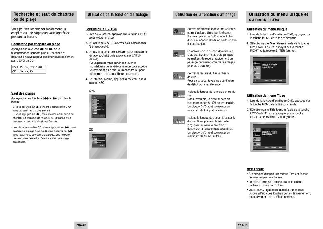 Samsung DVD-P145/XEL manual Recherche et saut de chapitre ou de plage, Utilisation de la fonction d’affichage 