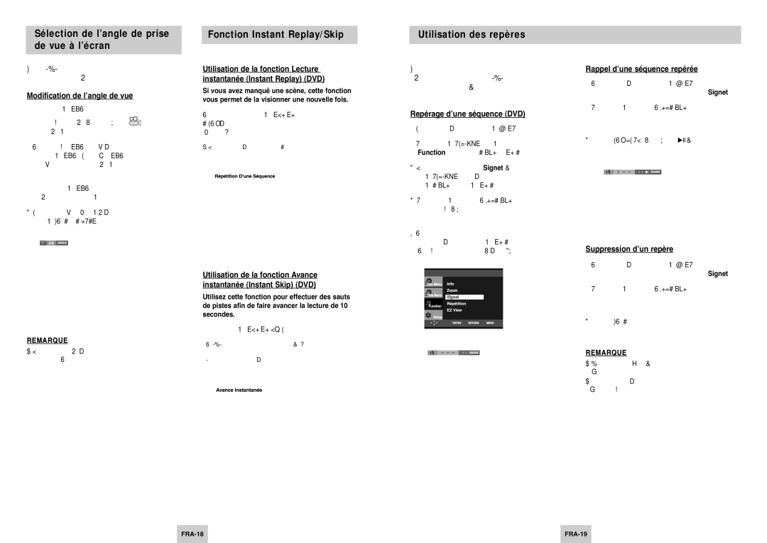 Samsung DVD-P145/XEL Sélection de l’angle de prise de vue à l’écran, Fonction Instant Replay/Skip, Utilisation des repères 