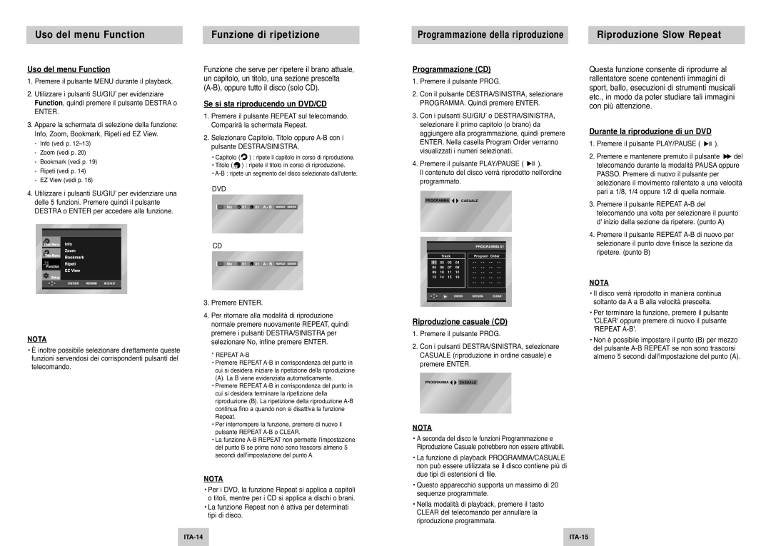 Samsung DVD-P145/XET manual Uso del menu Function Funzione di ripetizione, Riproduzione Slow Repeat 