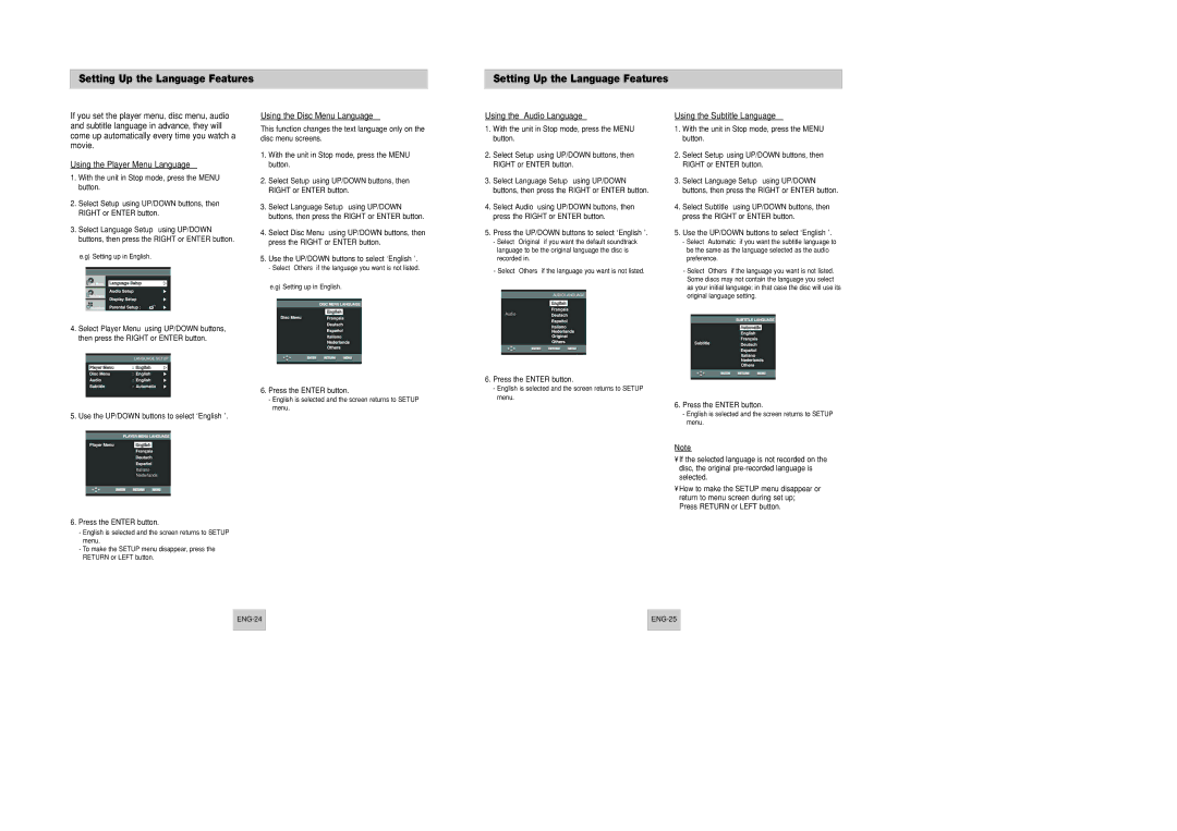 Samsung DVD-P146B/SAM manual Setting Up the Language Features, Using the Player Menu Language, Using the Disc Menu Language 