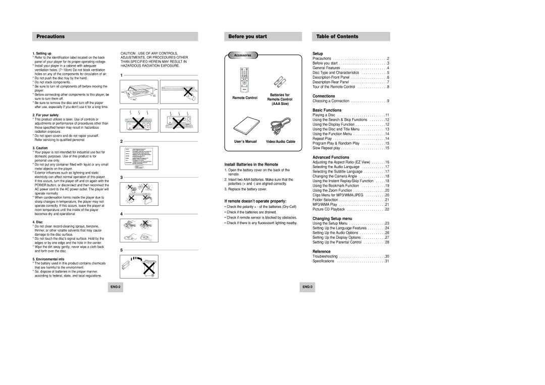 Samsung DVD-P146B/SAM manual Precautions, Before you start, Table of Contents 