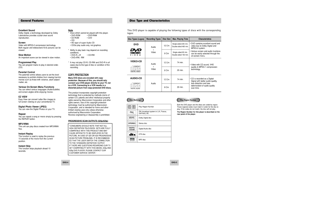 Samsung DVD-P146B/SAM manual General Features, Disc Type and Characteristics 