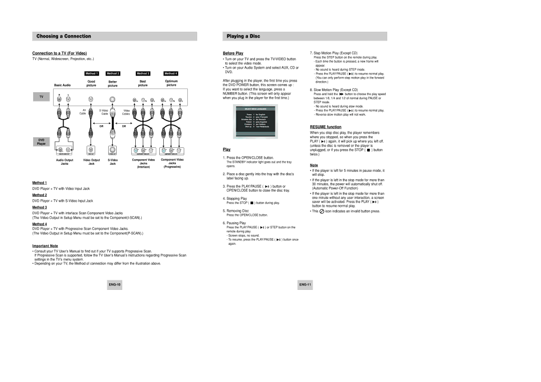 Samsung DVD-P146B/SAM manual Playing a Disc, Connection to a TV For Video, Before Play, Resume function 