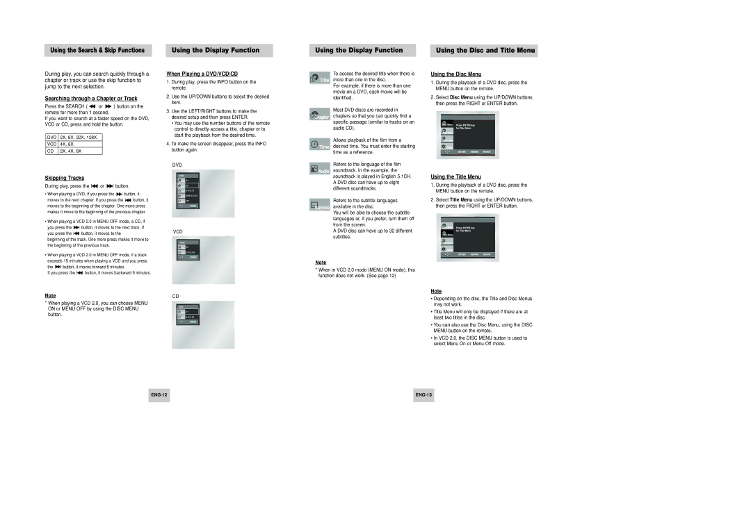 Samsung DVD-P146B/SAM manual Using the Display Function Using the Disc and Title Menu 