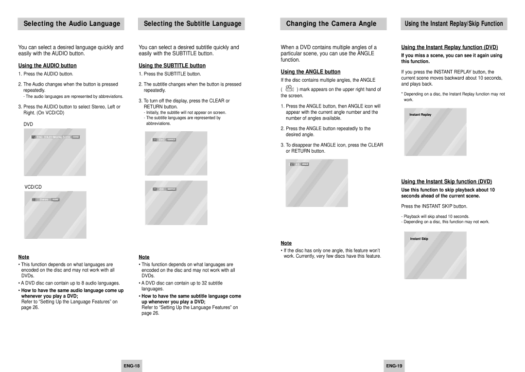 Samsung DVD-P147/AFR, DVD-P147/FES manual Selecting the Audio Language, Changing the Camera Angle 