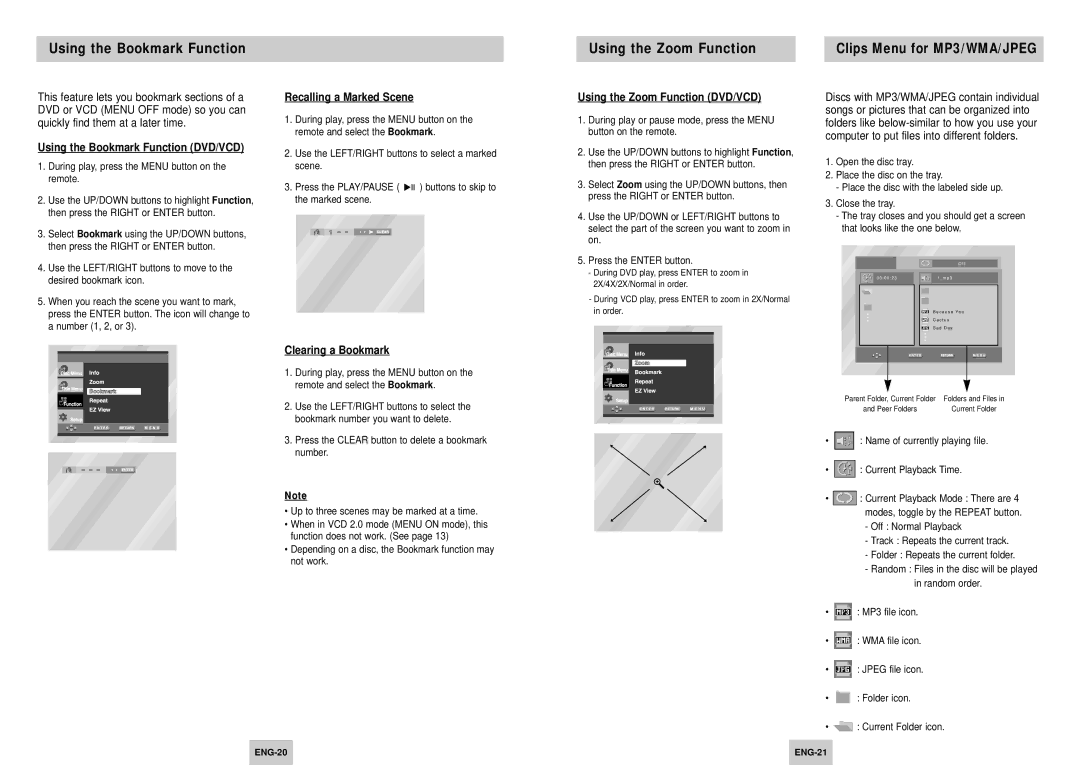 Samsung DVD-P147/FES manual Using the Bookmark Function Using the Zoom Function, Using the Bookmark Function DVD/VCD 