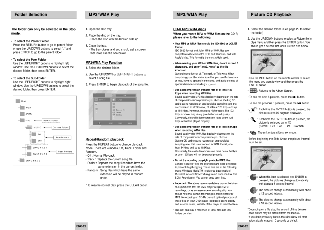 Samsung DVD-P147/AFR manual Folder Selection MP3/WMA Play Picture CD Playback, Folder can only be selected in the Stop mode 