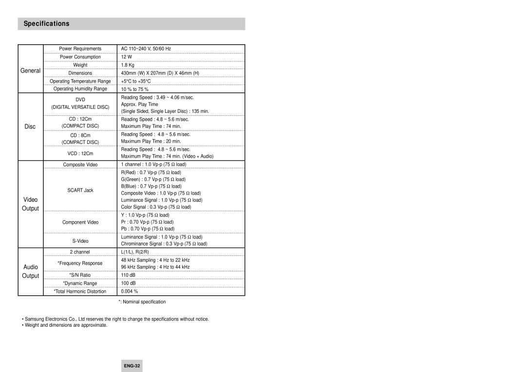 Samsung DVD-P147/FES, DVD-P147/AFR manual Specifications 