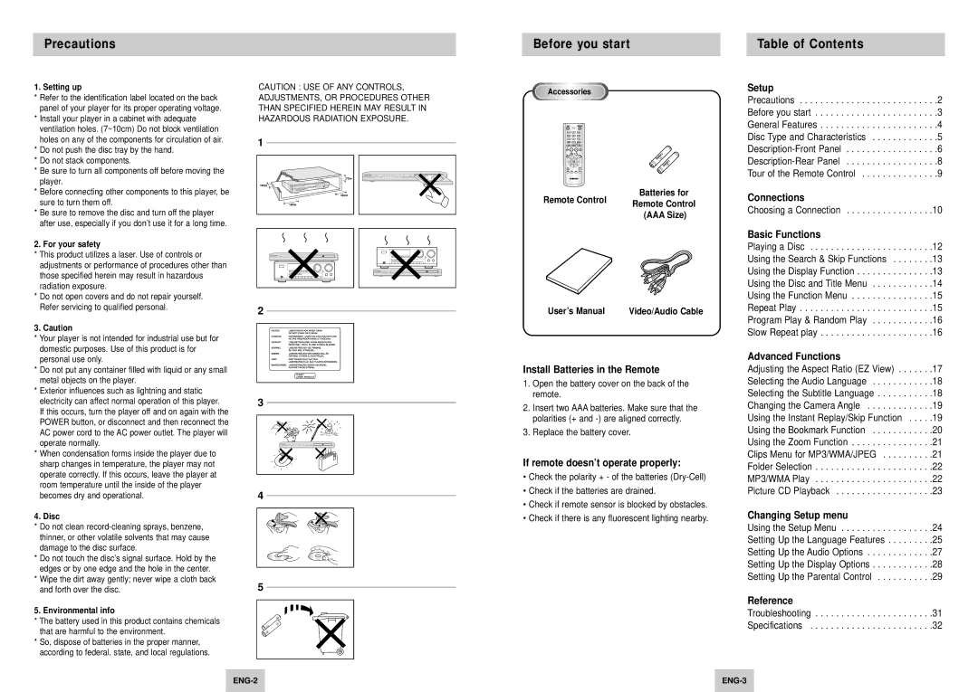 Samsung DVD-P147/AFR, DVD-P147/FES manual Precautions, Before you start, Table of Contents 