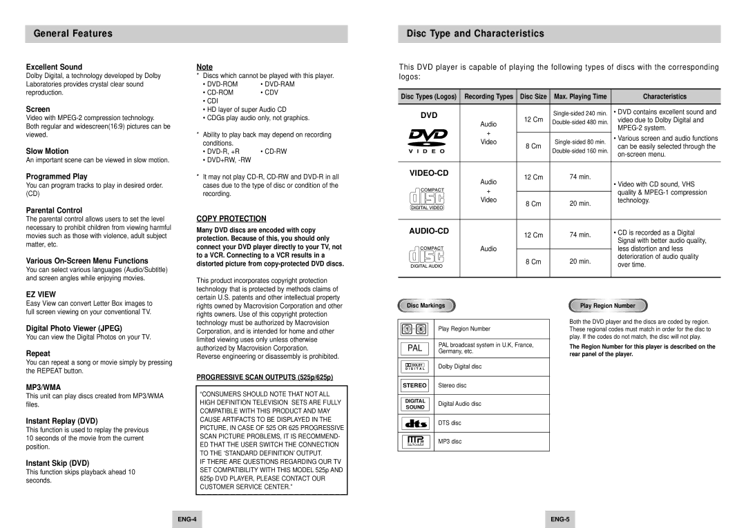 Samsung DVD-P147/FES, DVD-P147/AFR manual General Features, Disc Type and Characteristics 