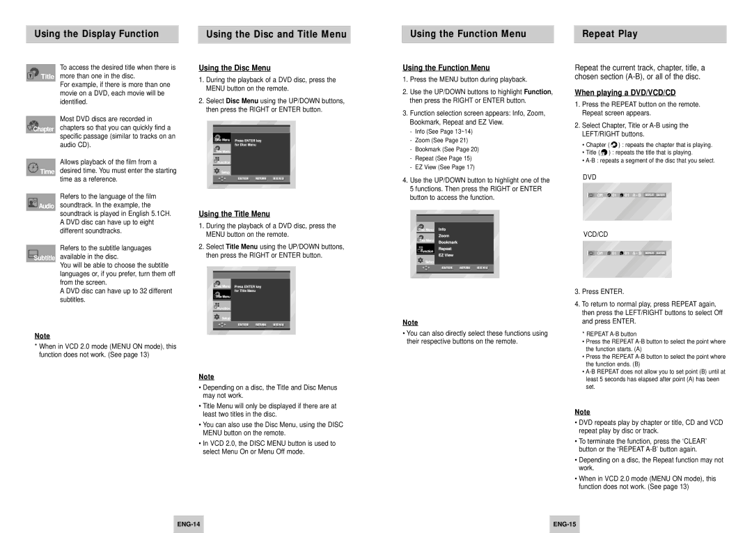 Samsung DVD-P147/AFR, DVD-P147/FES manual Using the Disc Menu, Using the Title Menu, Using the Function Menu, ENG-14 ENG-15 