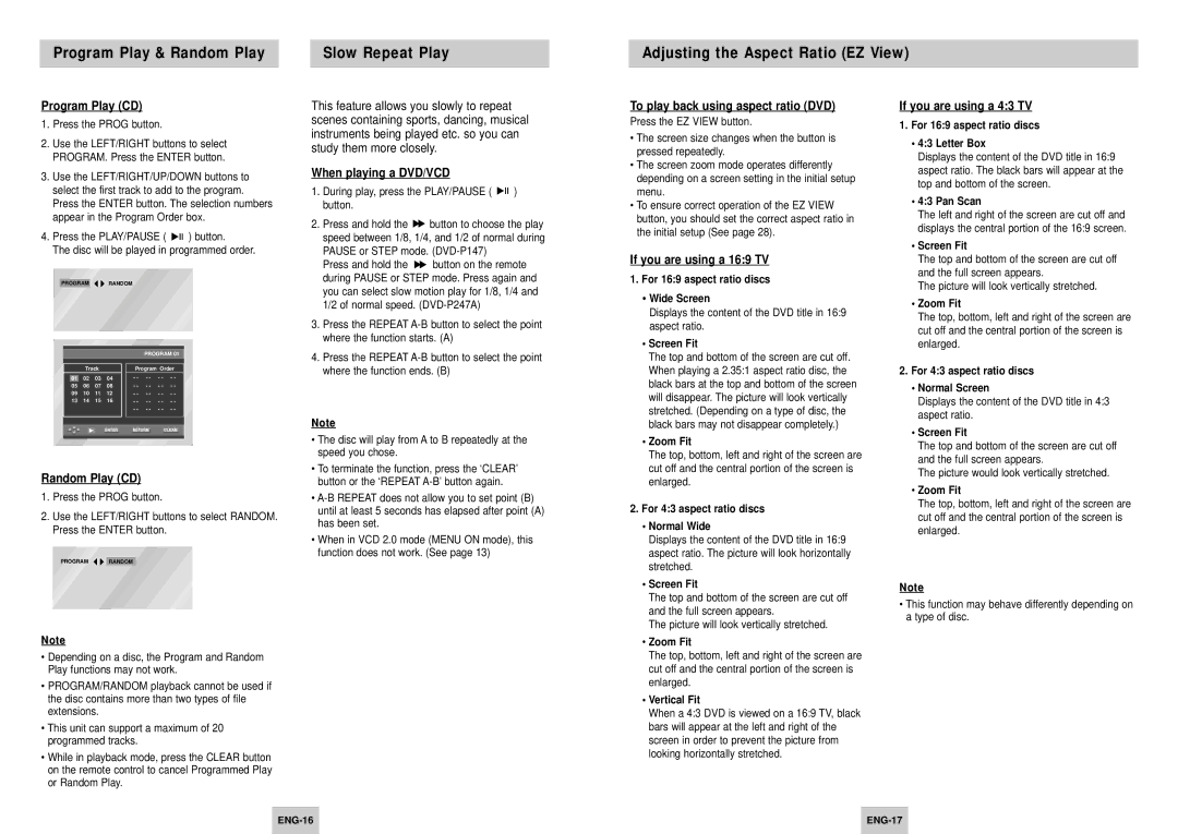 Samsung DVD-P147/FES manual Program Play CD, Random Play CD, When playing a DVD/VCD, To play back using aspect ratio DVD 