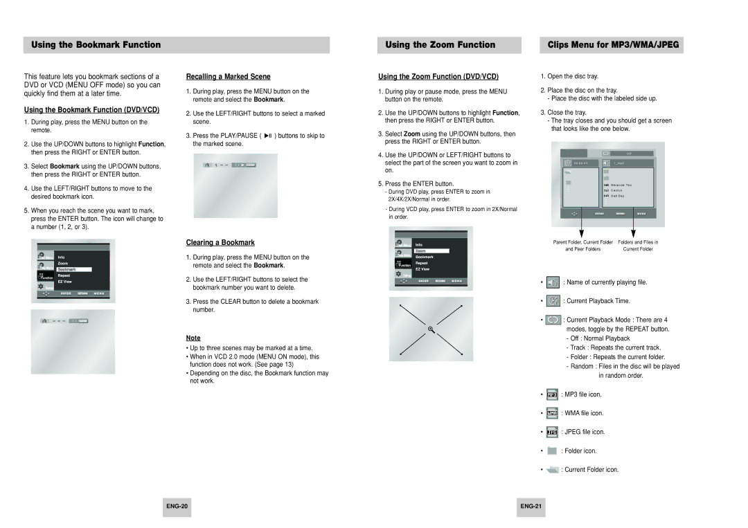 Samsung AK68-00411A, DVD-P148 Using the Bookmark Function Using the Zoom Function, Using the Bookmark Function DVD/VCD 