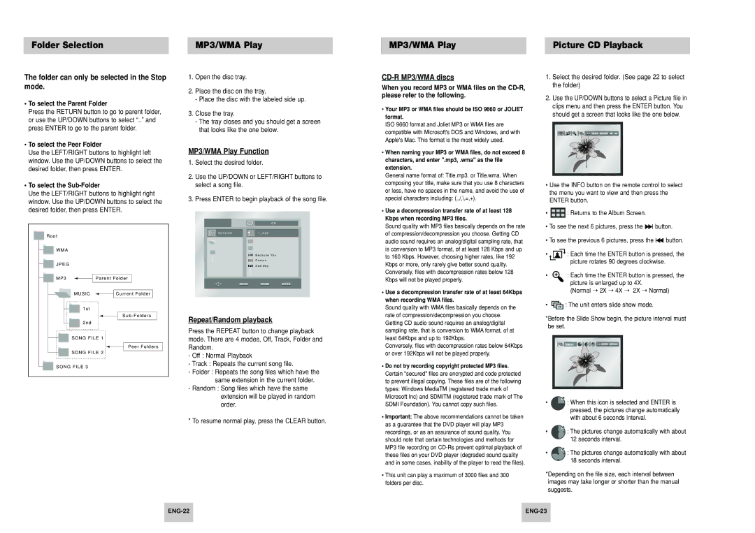 Samsung DVD-P148 manual Folder Selection MP3/WMA Play Picture CD Playback, Folder can only be selected in the Stop mode 