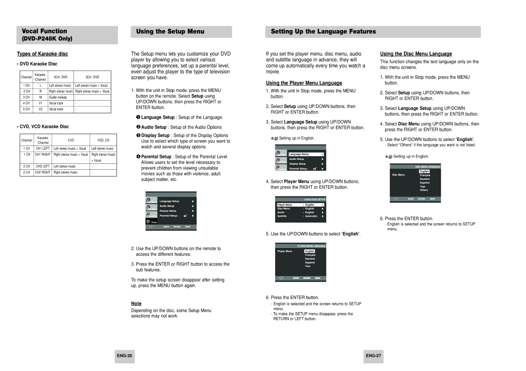 Samsung AK68-00411A, DVD-P148, DVD-P248K manual Using the Setup Menu Setting Up the Language Features, Types of Karaoke disc 