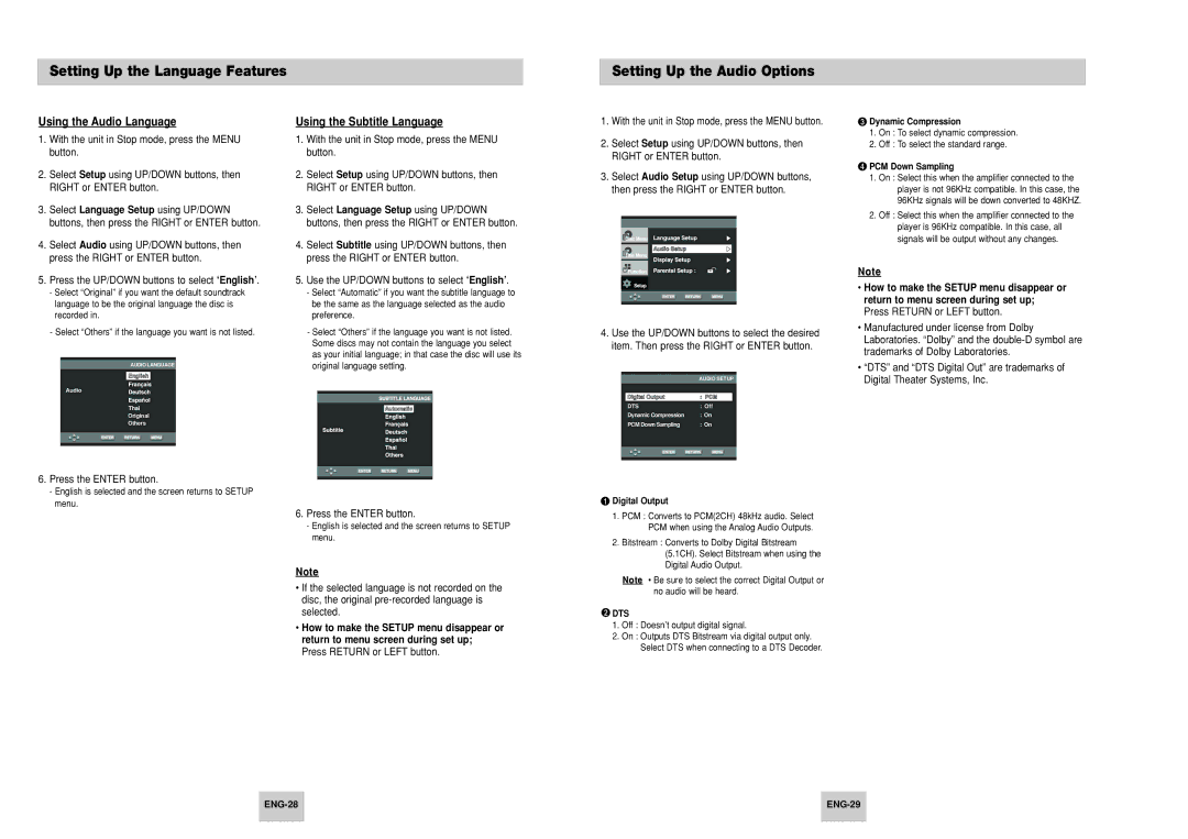 Samsung DVD-P148, DVD-P248K, AK68-00411A manual Using the Audio Language, Using the Subtitle Language, ENG-28 ENG-29 