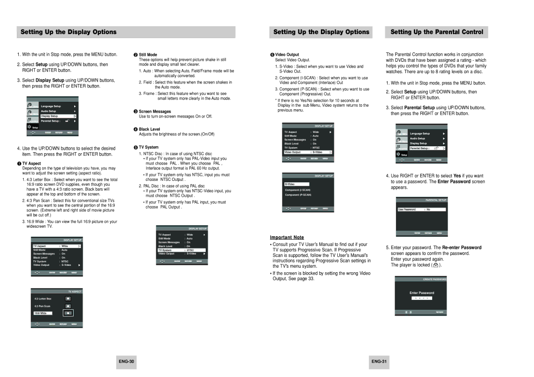 Samsung DVD-P248K, DVD-P148, AK68-00411A manual Setting Up the Display Options, ENG-30 ENG-31 