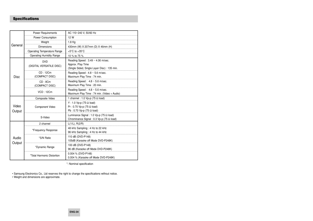 Samsung DVD-P148, DVD-P248K, AK68-00411A manual Specifications, ENG-34 