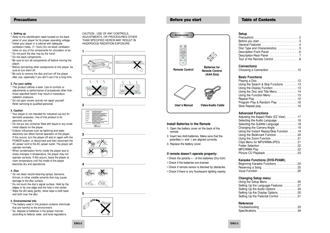 Samsung AK68-00411A, DVD-P148, DVD-P248K manual Precautions, Before you start, Table of Contents 