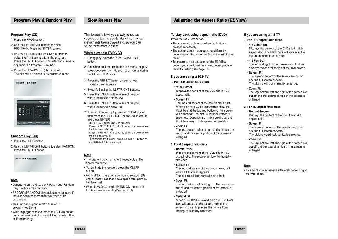 Samsung DVD-P148, DVD-P248K Program Play CD, Random Play CD, When playing a DVD/VCD, To play back using aspect ratio DVD 