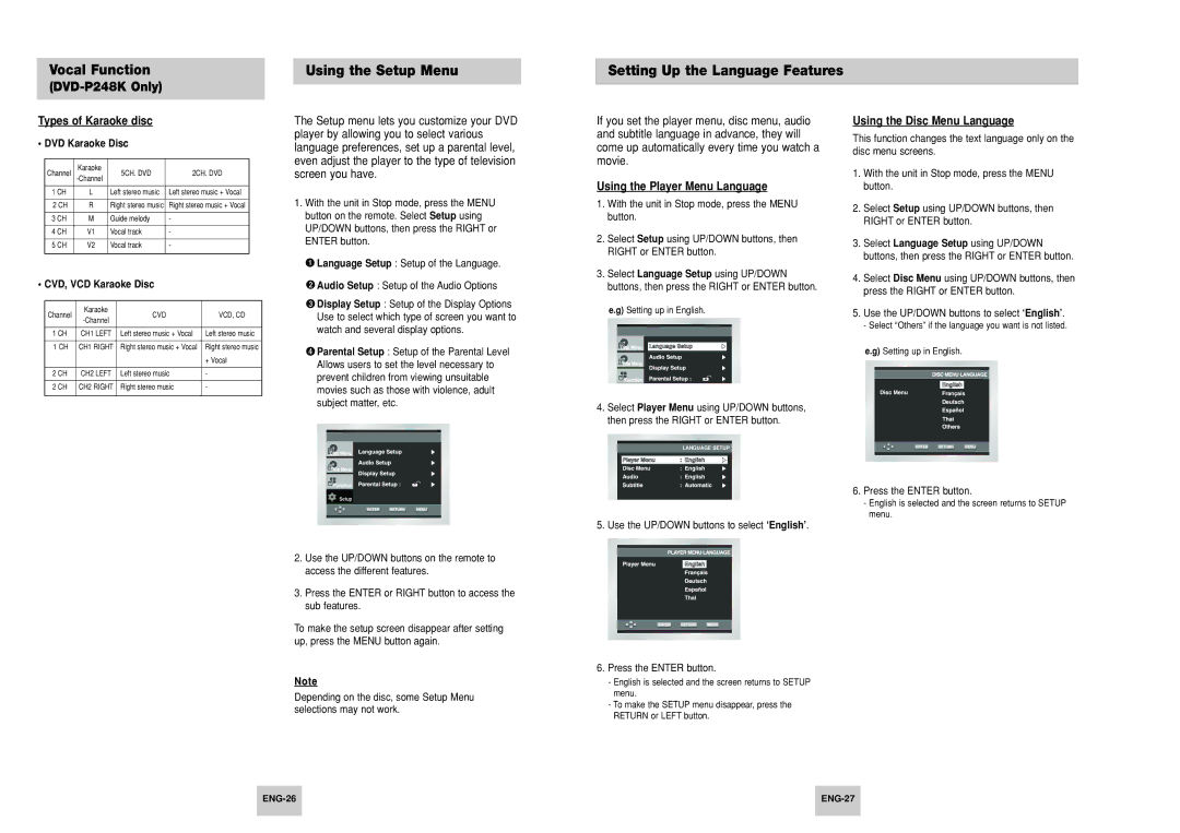 Samsung DVD-P148A/XSV, DVD-P148/XSV manual Using the Setup Menu Setting Up the Language Features, Types of Karaoke disc 