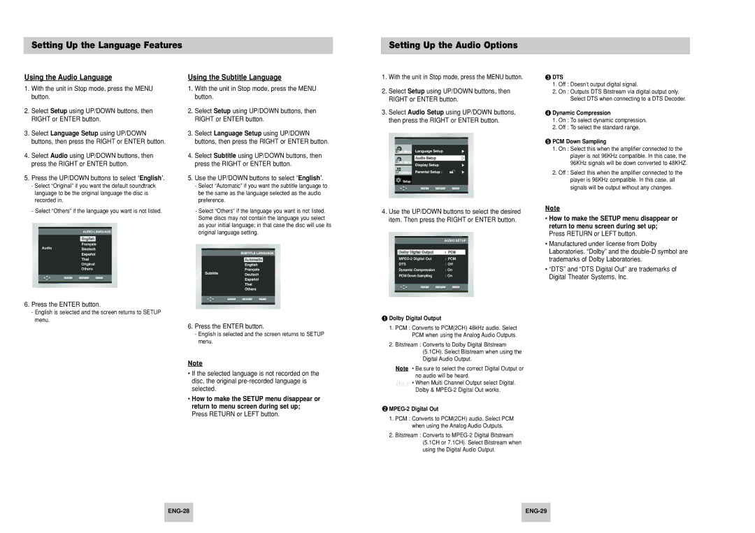 Samsung DVD-P148/XSV, DVD-P148A/XSV manual Using the Audio Language, Using the Subtitle Language, ENG-28 ENG-29 