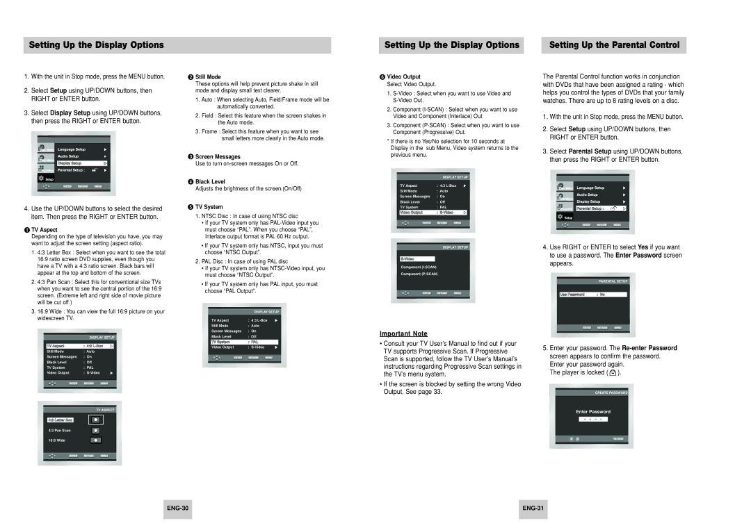 Samsung DVD-P148A/XSV, DVD-P148/XSV manual Setting Up the Display Options, ENG-30 ENG-31 