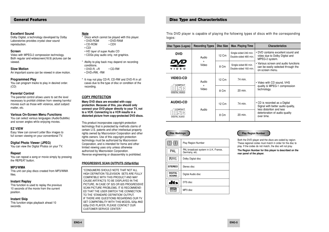 Samsung DVD-P148/XSV, DVD-P148A/XSV manual General Features, Disc Type and Characteristics 