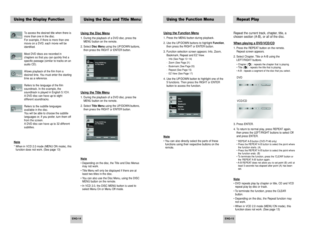 Samsung DVD-P148A/XSV, DVD-P148/XSV manual Using the Disc Menu, Using the Title Menu, Using the Function Menu, ENG-14 ENG-15 