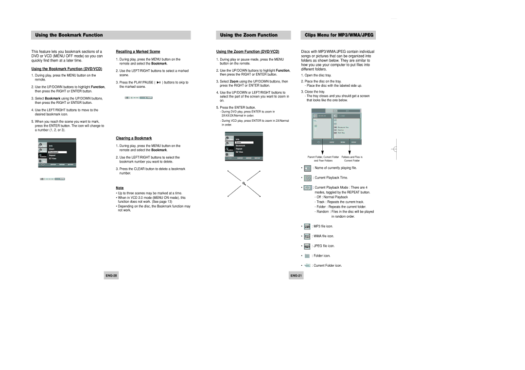 Samsung DVD-P148/XSV manual Using the Bookmark Function Using the Zoom Function, Using the Bookmark Function DVD/VCD 