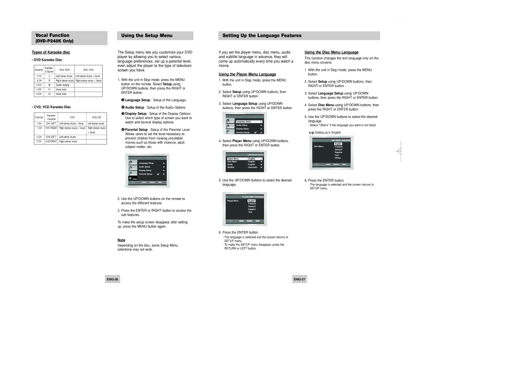 Samsung DVD-P148A/XSV, DVD-P148/XSV manual Using the Setup Menu Setting Up the Language Features, Types of Karaoke disc 