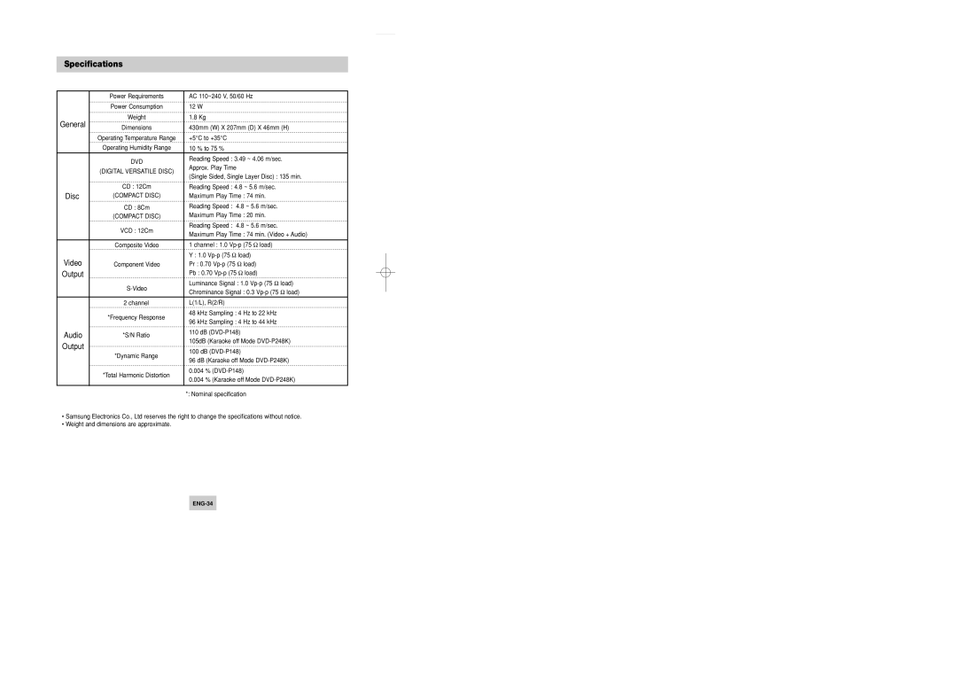 Samsung DVD-P148A/XSV, DVD-P148/XSV manual Specifications 