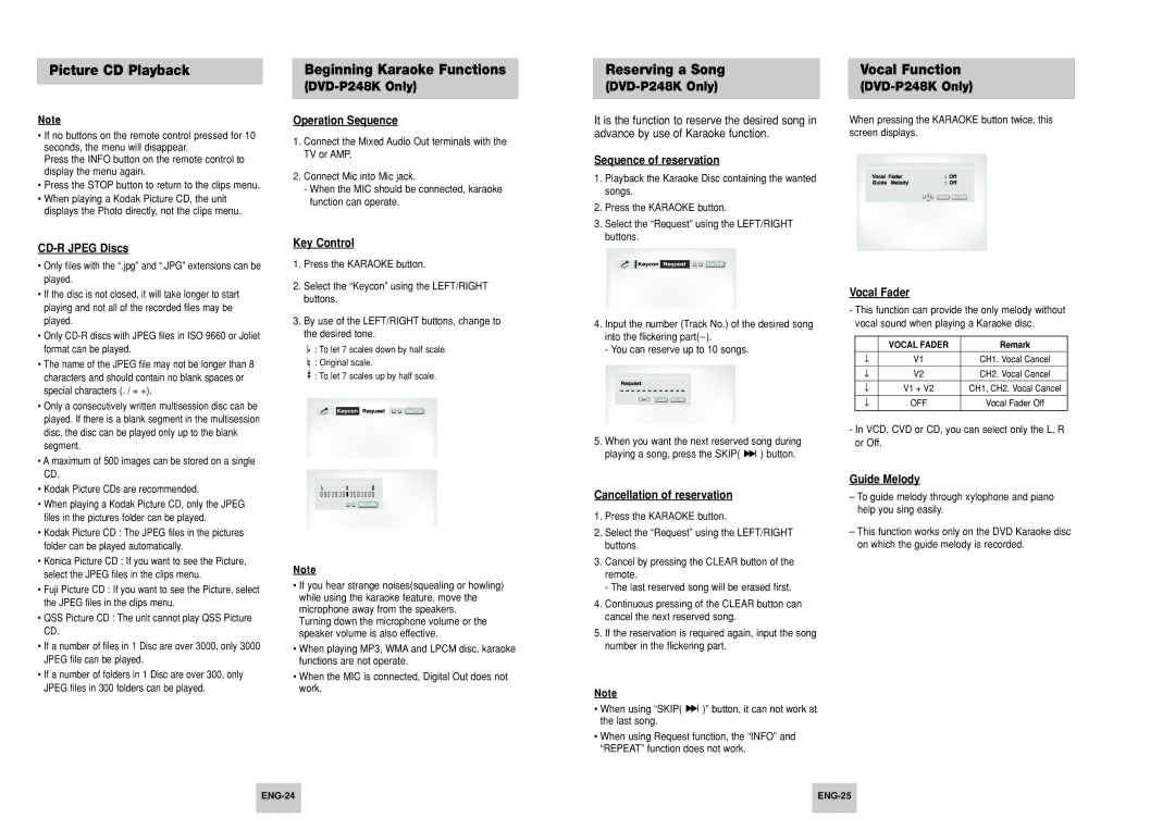 Samsung DVD-P148A/XSV, DVD-P148/XTN, DVD-P148/XSV manual Beginning Karaoke Functions, Reserving a Song, Vocal Function 