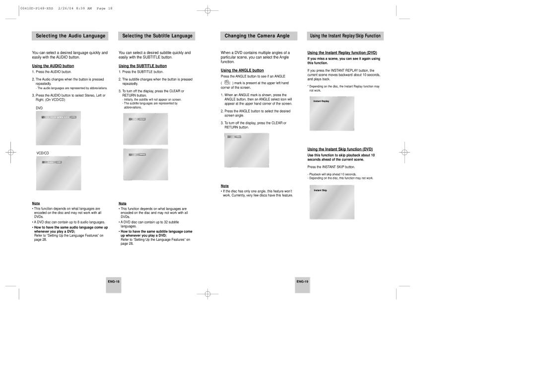 Samsung DVD-P148A/XSV, DVD-P148/XTN, DVD-P148/XSV manual Selecting the Audio Language, Changing the Camera Angle 