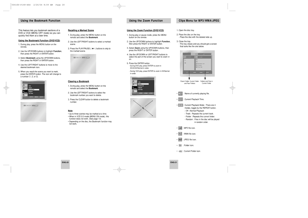 Samsung DVD-P148/XSV manual Using the Bookmark Function Using the Zoom Function, Using the Bookmark Function DVD/VCD 