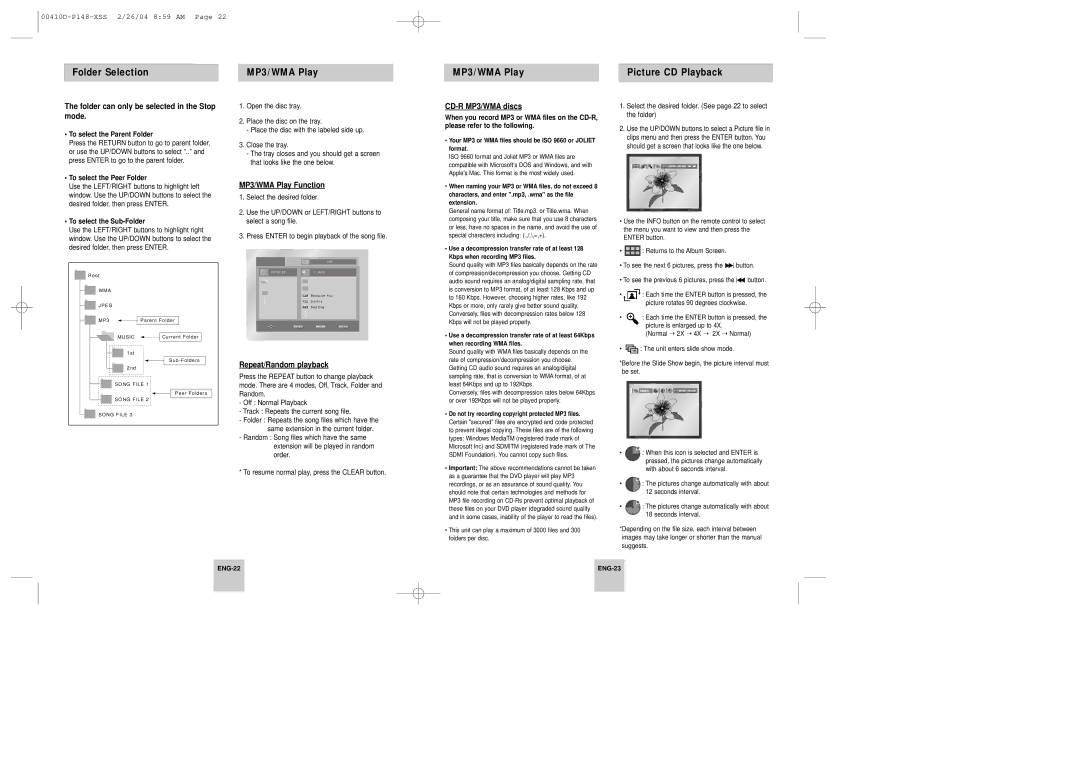 Samsung DVD-P148/XTN manual Folder Selection MP3/WMA Play Picture CD Playback, Folder can only be selected in the Stop mode 