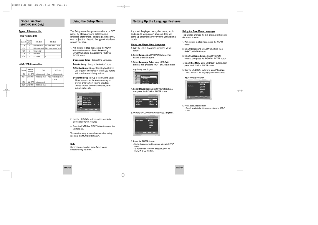 Samsung DVD-P148/XSV, DVD-P148/XTN manual Using the Setup Menu Setting Up the Language Features, Types of Karaoke disc 