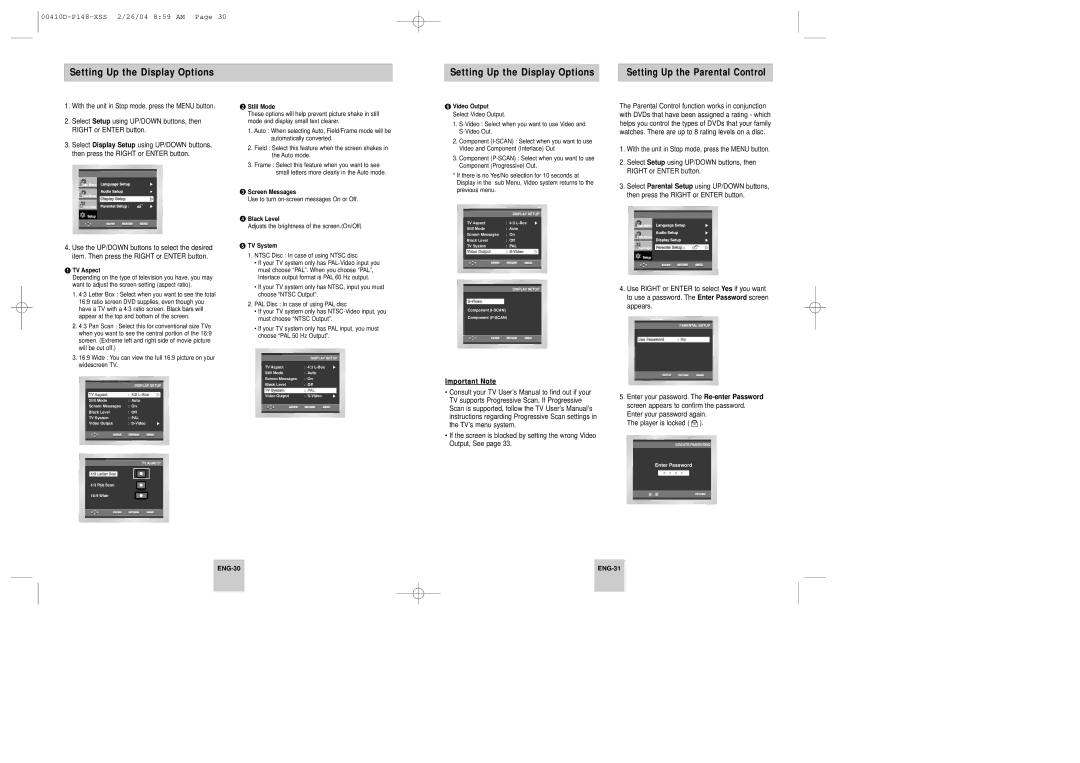 Samsung DVD-P148A/XSV, DVD-P148/XTN, DVD-P148/XSV manual Setting Up the Display Options 