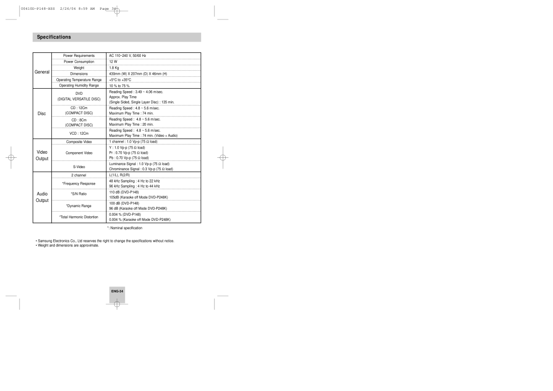 Samsung DVD-P148/XTN, DVD-P148A/XSV, DVD-P148/XSV manual Specifications 