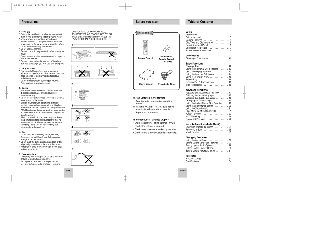 Samsung DVD-P148/XSV, DVD-P148/XTN, DVD-P148A/XSV manual Precautions Before you start Table of Contents 