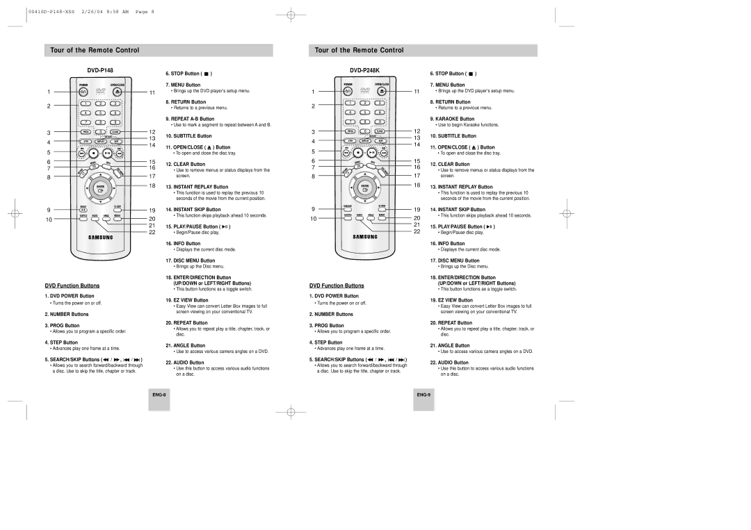 Samsung DVD-P148/XSV, DVD-P148/XTN, DVD-P148A/XSV manual Tour of the Remote Control, DVD-P148 DVD Function Buttons 