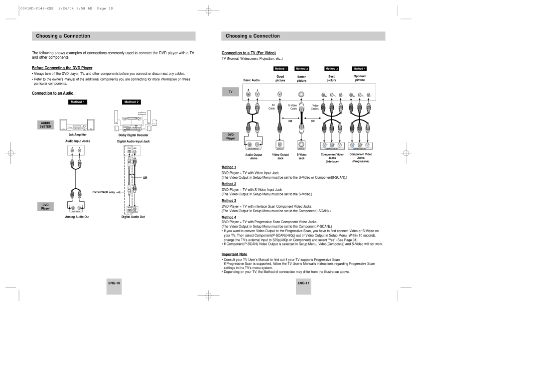 Samsung DVD-P148/XTN, DVD-P148A/XSV manual Choosing a Connection, Before Connecting the DVD Player, Connection to an Audio 